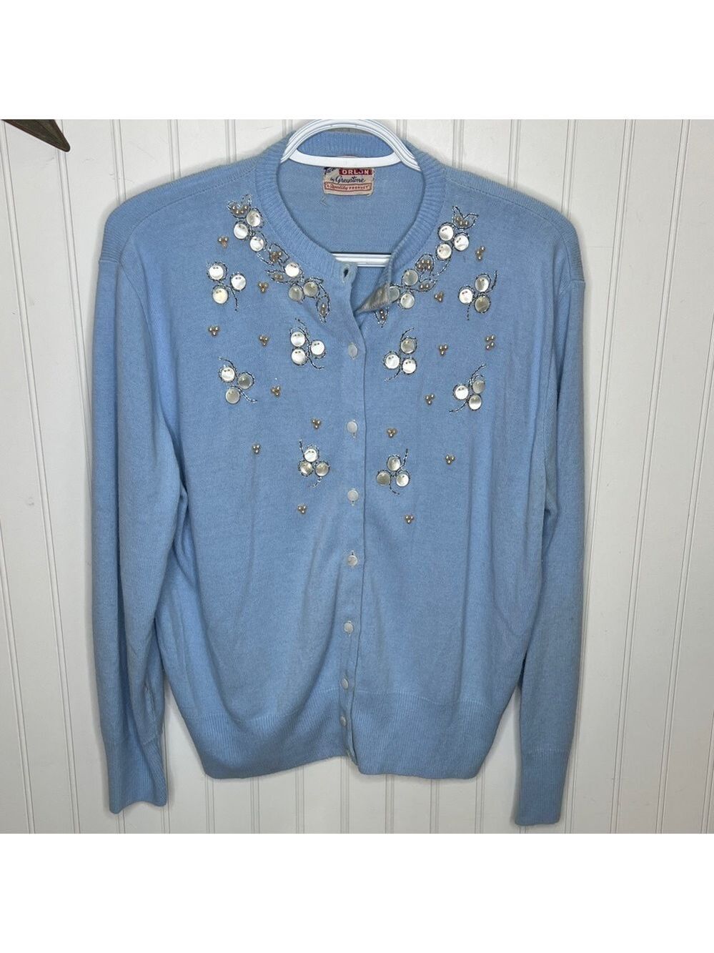 Vintage Dainty Blue Cardigan with Floral Embellishments Size Medium